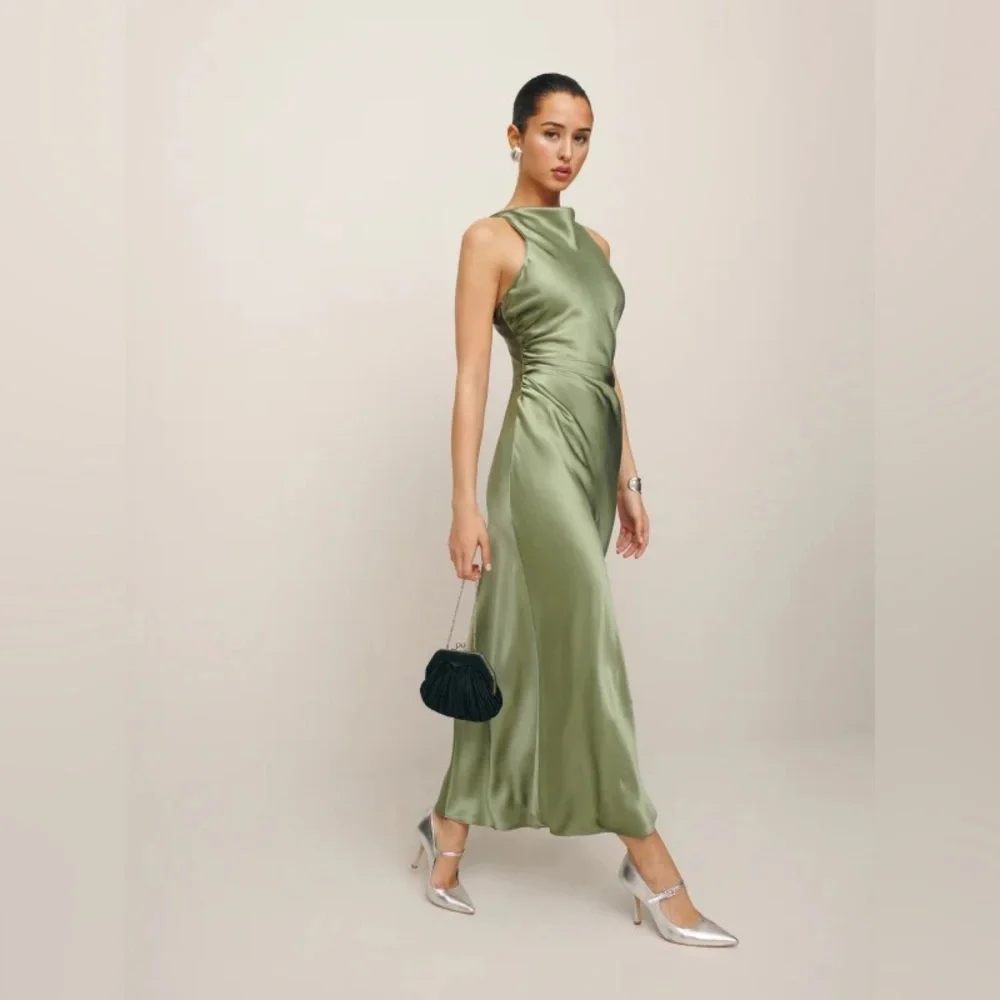 Reformation NWT Casette Silk Dress Size 12 in Artichoke - Picture 4 of 14
